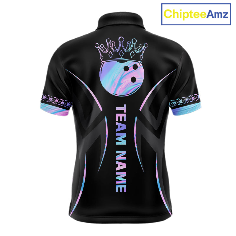 Custom Holographic Crown Bowling Ball Polo & Quarter Zip Shirt For Men, Bowling Team Jersey |Black TDM6196