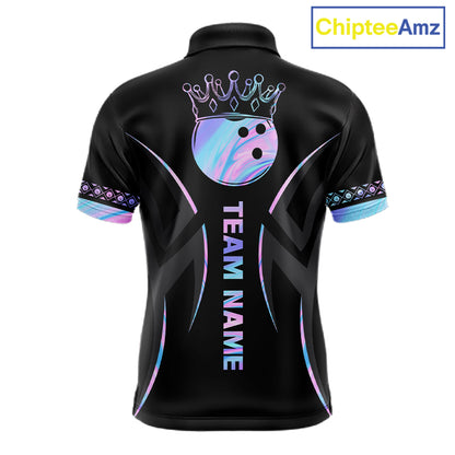 Custom Holographic Crown Bowling Ball Polo & Quarter Zip Shirt For Men, Bowling Team Jersey |Black TDM6196