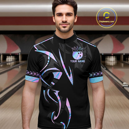 Custom Holographic Crown Bowling Ball Polo & Quarter Zip Shirt For Men, Bowling Team Jersey |Black TDM6196