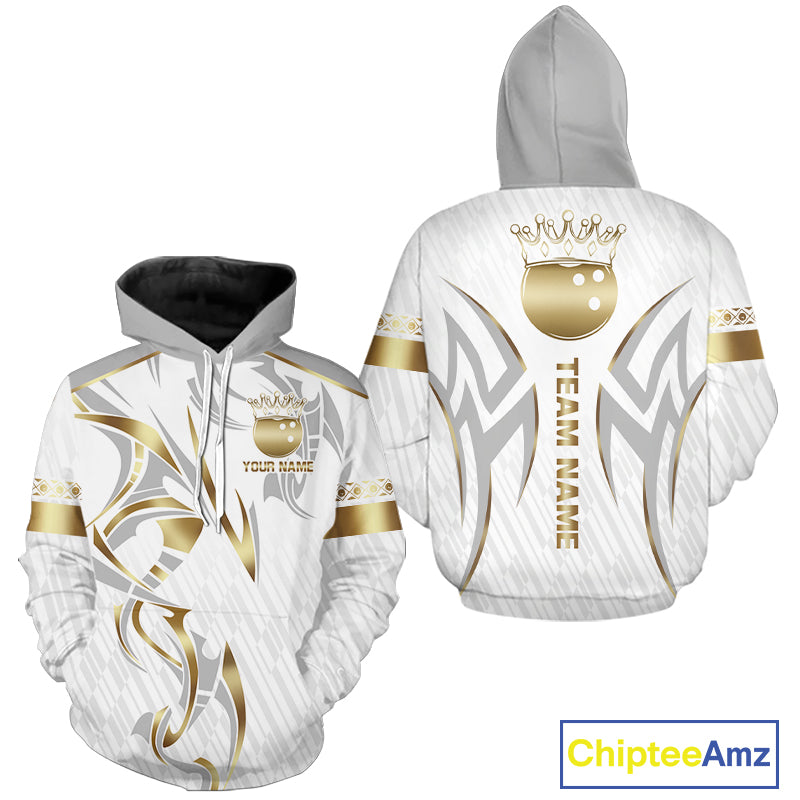 Custom White And Gold Bowling Ball Crown Bowling Hoodie Shirt For Men And Women, Bowling Team Jersey TDM6197