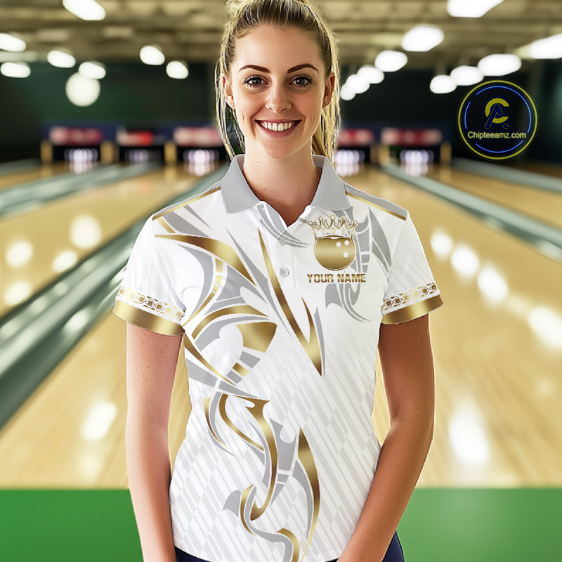 Custom Gold Bowling Ball Crown Bowling Shirt For Women, Bowling Team Jersey Polo & 1/4 Zip |White TDM6197