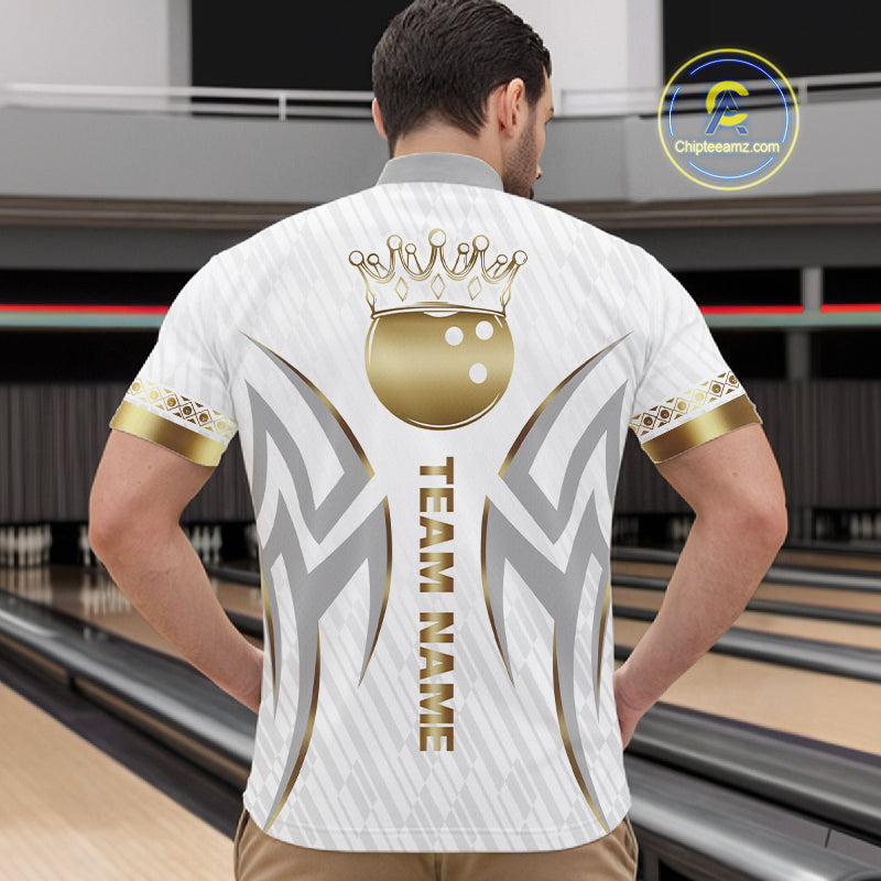 Custom Gold Bowling Ball Crown Bowling Shirt For Men, Bowling Team Jersey Polo & 1/4 Zip |White TDM6197
