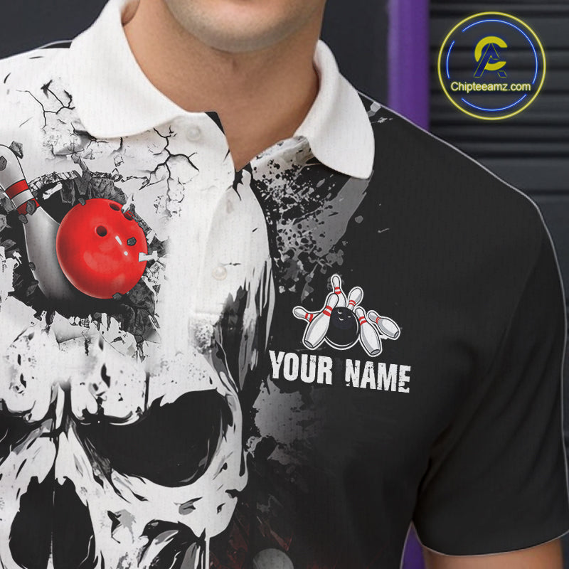 Personalized Red Grunge Skull Bowling Shirt For Men, Bowling League Team Jersey Polo & 1/4 Zip TDM6418