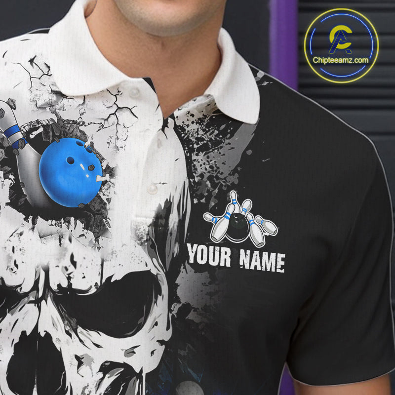 Personalized Blue Grunge Skull Bowling Shirt For Men, Bowling League Team Jersey Polo & 1/4 Zip TDM6419