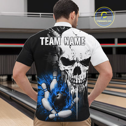 Personalized Blue Grunge Skull Bowling Shirt For Men, Bowling League Team Jersey Polo & 1/4 Zip TDM6419