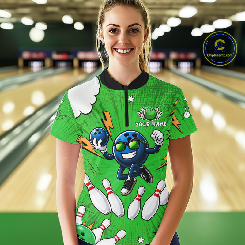 Green Funny Bowling Ball Jersey For Women Custom Bowling Team Shirt, Bowling Uniform Polo & 1/4 Zip TDM6422