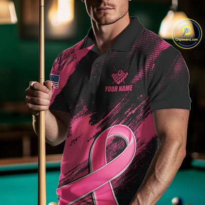 Man Wearing Personalized Pink Ribbon 8 Ball Breast Cancer Awareness Billiard Polo Shirt with Athletic Performance Fit and Inspirational Awareness Artwork, Front View