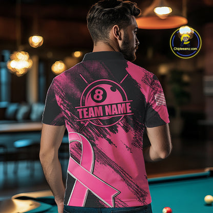 Man Wearing Personalized Pink Ribbon 8 Ball Custom Breast Cancer Awareness Pool Team Jersey Featuring the Complete Rear Graphic Design, Back View