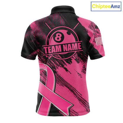 Custom Pink Ribbon 8 Ball Breast Cancer Awareness Pool Polo Shirt Designed for Personalized Billiard Team Jerseys with Premium Athletic Performance and Supportive Awareness Design