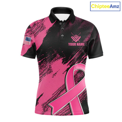 Personalized Pink Ribbon 8 Ball Breast Cancer Awareness Billiard Polo Shirt Featuring Inspirational Pink Ribbon Artwork for Pool League Players, Team Competition, and Awareness Events