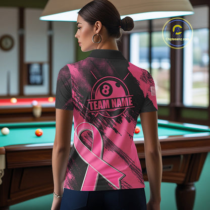 Woman Wearing Personalized Pink Ribbon 8 Ball Custom Breast Cancer Awareness Pool Team Jersey Featuring the Complete Rear Graphic Design, Back View