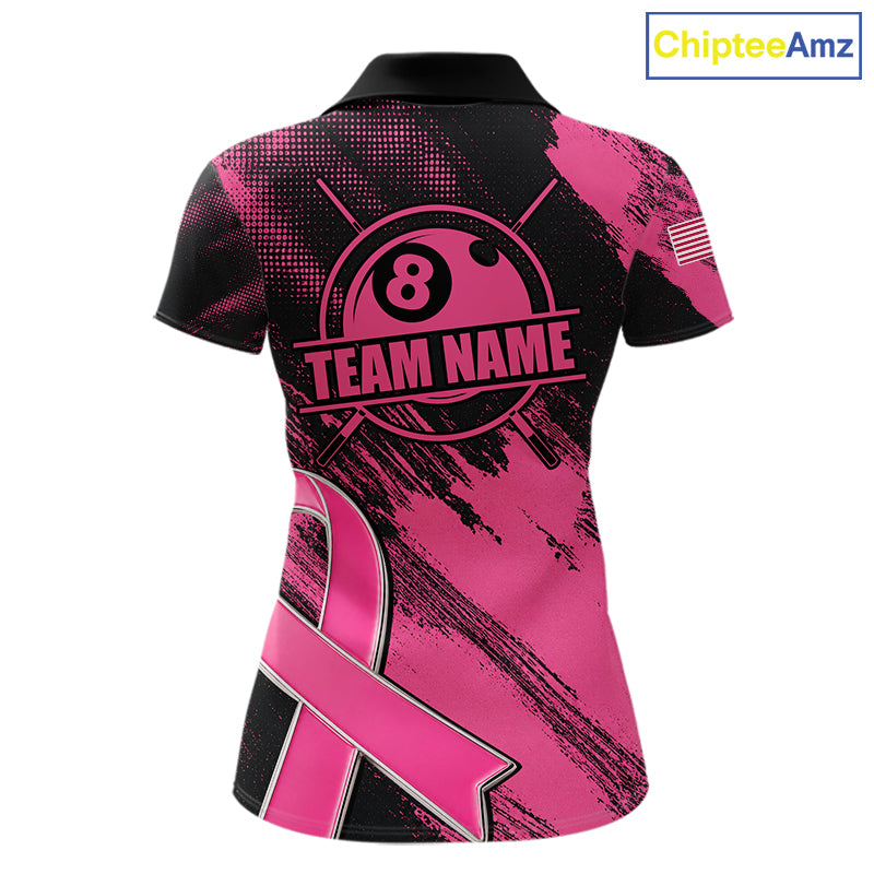 Custom Pink Ribbon 8 Ball Breast Cancer Awareness Pool Polo Shirt Designed for Personalized Billiard Team Jerseys with Premium Athletic Performance and Supportive Awareness Design