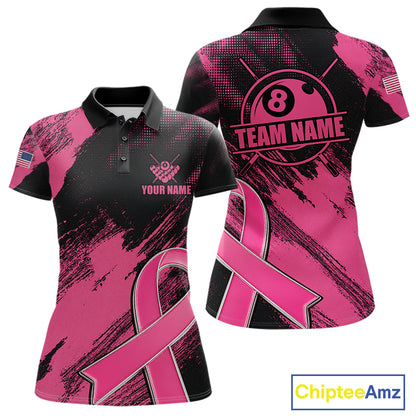 Personalized Pink Ribbon 8 Ball Breast Cancer Awareness Billiard Polo Shirt Featuring Inspirational Pink Ribbon Artwork for Pool League Players, Team Competition, and Awareness Events