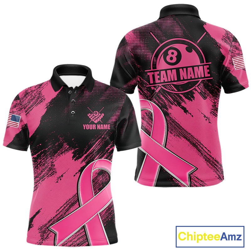 Personalized Pink Ribbon 8 Ball Breast Cancer Awareness Billiard Polo Shirt Featuring Inspirational Pink Ribbon Artwork for Pool League Players, Team Competition, and Awareness Events