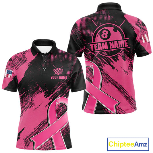 Personalized Pink Ribbon 8 Ball Breast Cancer Awareness Billiard Polo Shirt Featuring Inspirational Pink Ribbon Artwork for Pool League Players, Team Competition, and Awareness Events