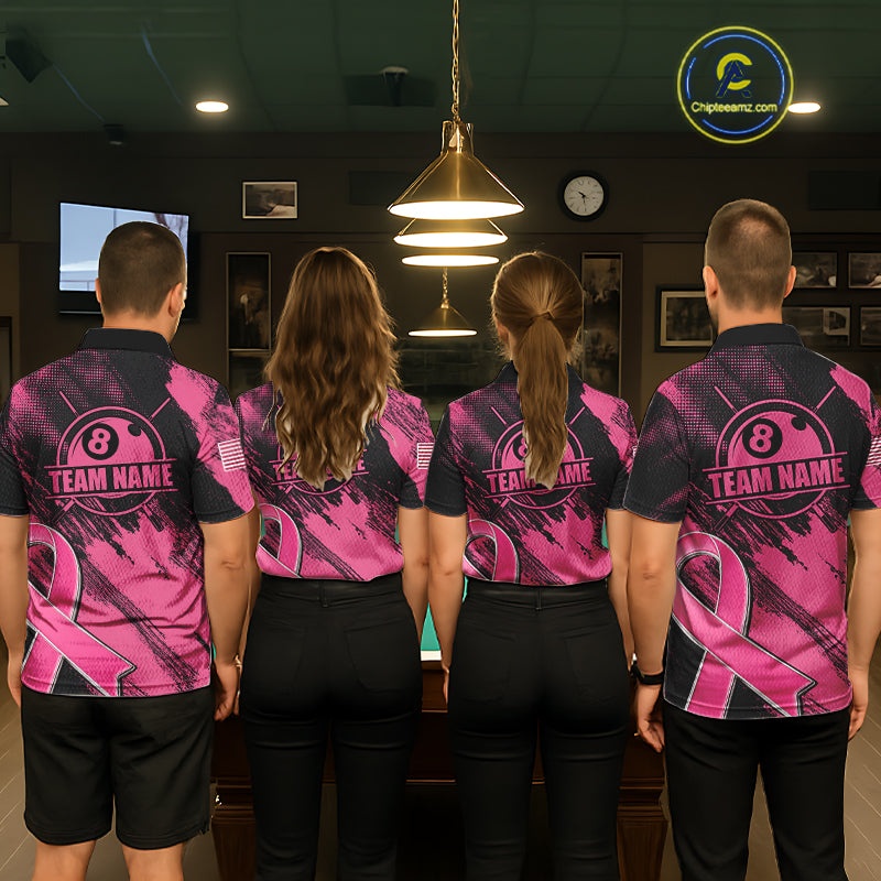 Pool Team Wearing Personalized Pink Ribbon 8 Ball Custom Billiard Team Jerseys Featuring the Complete Back Artwork, Back View