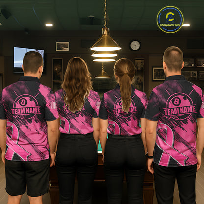 Pool Team Wearing Personalized Pink Ribbon 8 Ball Custom Billiard Team Jerseys Featuring the Complete Back Artwork, Back View