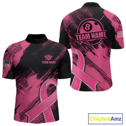 Personalized Pink Ribbon 8 Ball Breast Cancer Awareness Quarter Zip Billiard Shirt Created for Pool League Teams with Performance Fabric and Tournament Ready Team Style
