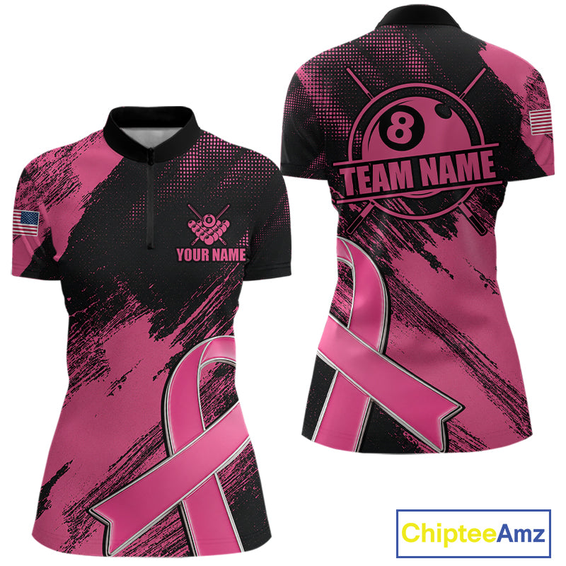 Personalized Pink Ribbon 8 Ball Breast Cancer Awareness Quarter Zip Billiard Shirt Created for Pool League Teams with Performance Fabric and Tournament Ready Team Style