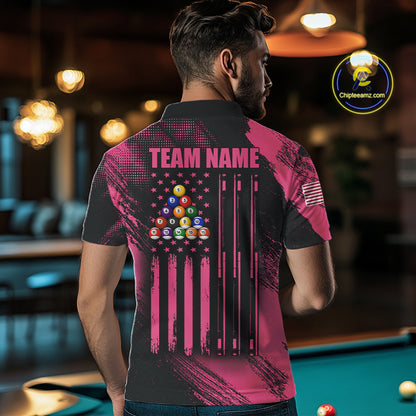 Man Wearing Pink Ribbon US Flag 8 Ball Custom Breast Cancer Awareness Pool Team Jersey Featuring the Complete Rear Graphic Design, Back View