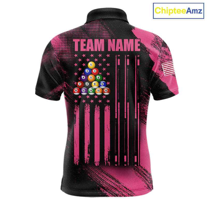 Custom Pink Ribbon US Flag 8 Ball Pool Polo Shirt Designed for Personalized Billiard Team Jerseys with Premium Athletic Performance and Meaningful Awareness Graphics