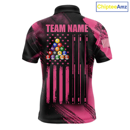 Custom Pink Ribbon US Flag 8 Ball Pool Polo Shirt Designed for Personalized Billiard Team Jerseys with Premium Athletic Performance and Meaningful Awareness Graphics