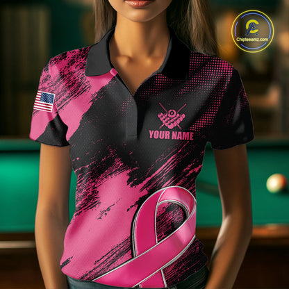 Woman Wearing Pink Ribbon US Flag 8 Ball Breast Cancer Awareness Billiard Polo Shirt with Athletic Performance Fit and Patriotic Graphic Artwork, Front View