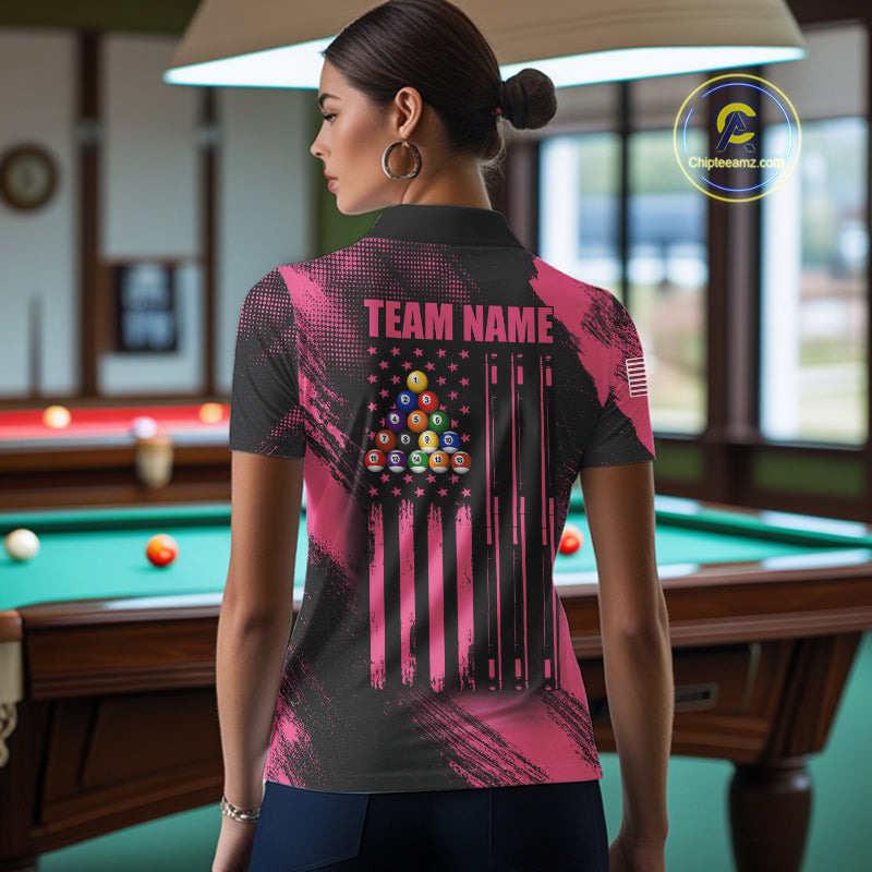 Woman Wearing Pink Ribbon US Flag 8 Ball Custom Breast Cancer Awareness Pool Team Jersey Featuring the Complete Rear Graphic Design, Back View