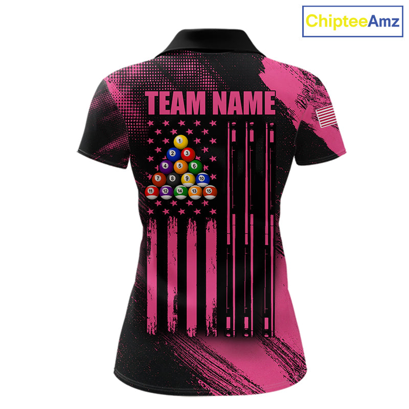 Custom Pink Ribbon US Flag 8 Ball Pool Polo Shirt Designed for Personalized Billiard Team Jerseys with Premium Athletic Performance and Meaningful Awareness Graphics