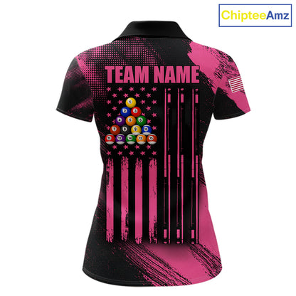 Custom Pink Ribbon US Flag 8 Ball Pool Polo Shirt Designed for Personalized Billiard Team Jerseys with Premium Athletic Performance and Meaningful Awareness Graphics
