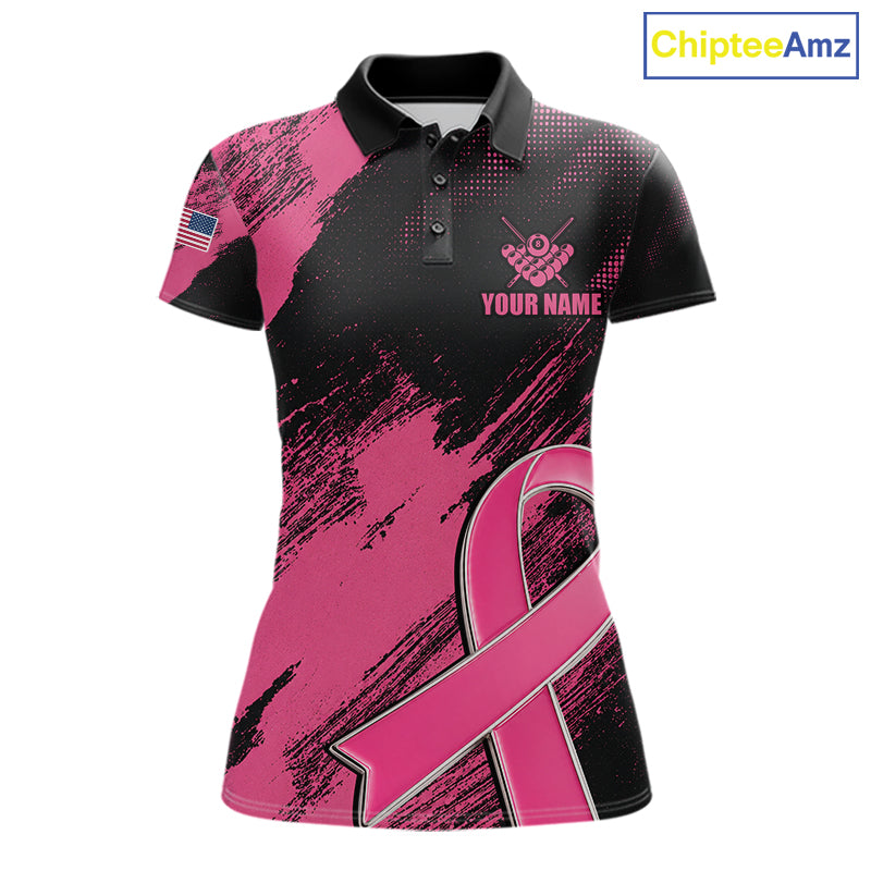 Pink Ribbon US Flag 8 Ball Breast Cancer Awareness Billiard Polo Shirt Featuring Patriotic American Flag Artwork for Pool League Players, Team Competition, and Awareness Events