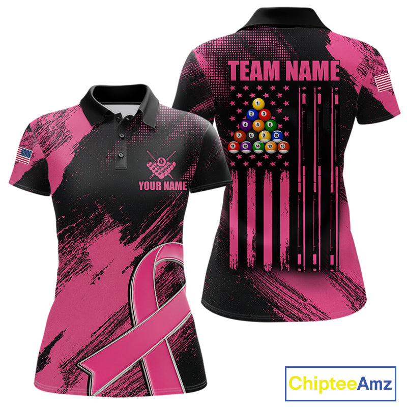 Pink Ribbon US Flag 8 Ball Breast Cancer Awareness Billiard Polo Shirt Featuring Patriotic American Flag Artwork for Pool League Players, Team Competition, and Awareness Events
