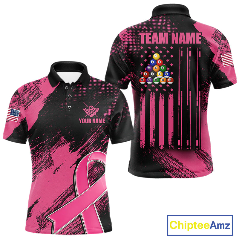 Pink Ribbon US Flag 8 Ball Breast Cancer Awareness Billiard Polo Shirt Featuring Patriotic American Flag Artwork for Pool League Players, Team Competition, and Awareness Events