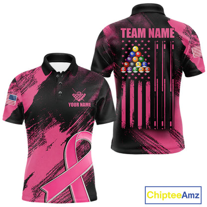 Pink Ribbon US Flag 8 Ball Breast Cancer Awareness Billiard Polo Shirt Featuring Patriotic American Flag Artwork for Pool League Players, Team Competition, and Awareness Events