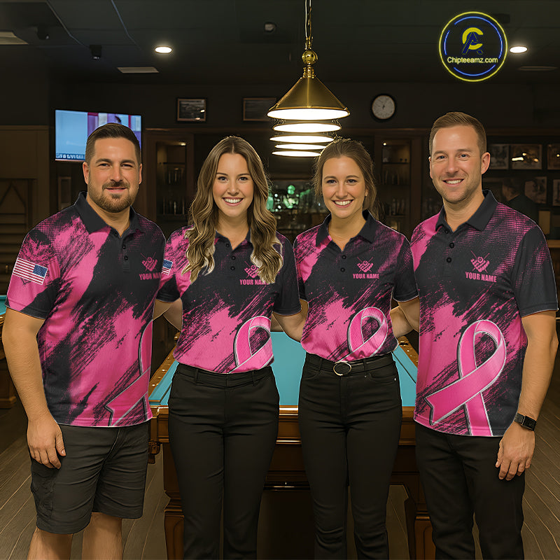 Pool Team Wearing Pink Ribbon US Flag 8 Ball Breast Cancer Awareness Billiard Jerseys During League Competition and Awareness Tournaments, Front View