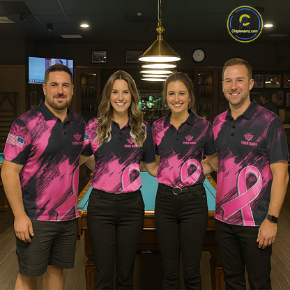 Pool Team Wearing Pink Ribbon US Flag 8 Ball Breast Cancer Awareness Billiard Jerseys During League Competition and Awareness Tournaments, Front View