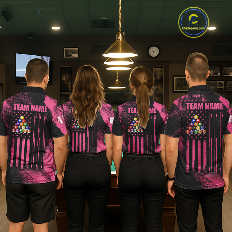 Pool Team Wearing Pink Ribbon US Flag 8 Ball Custom Billiard Team Jerseys Featuring the Complete Back Artwork, Back View