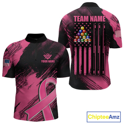 Pink Ribbon US Flag 8 Ball Breast Cancer Awareness Quarter Zip Billiard Shirt Created for Pool League Teams with Performance Fabric and Tournament Ready Comfort