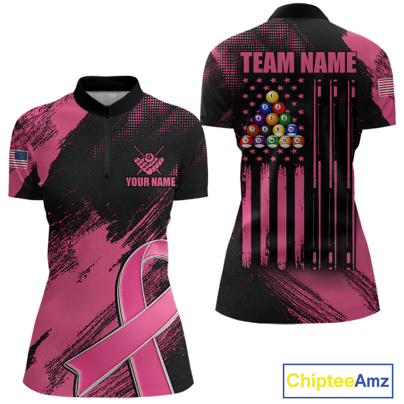 Pink Ribbon US Flag 8 Ball Breast Cancer Awareness Quarter Zip Billiard Shirt Created for Pool League Teams with Performance Fabric and Tournament Ready Comfort