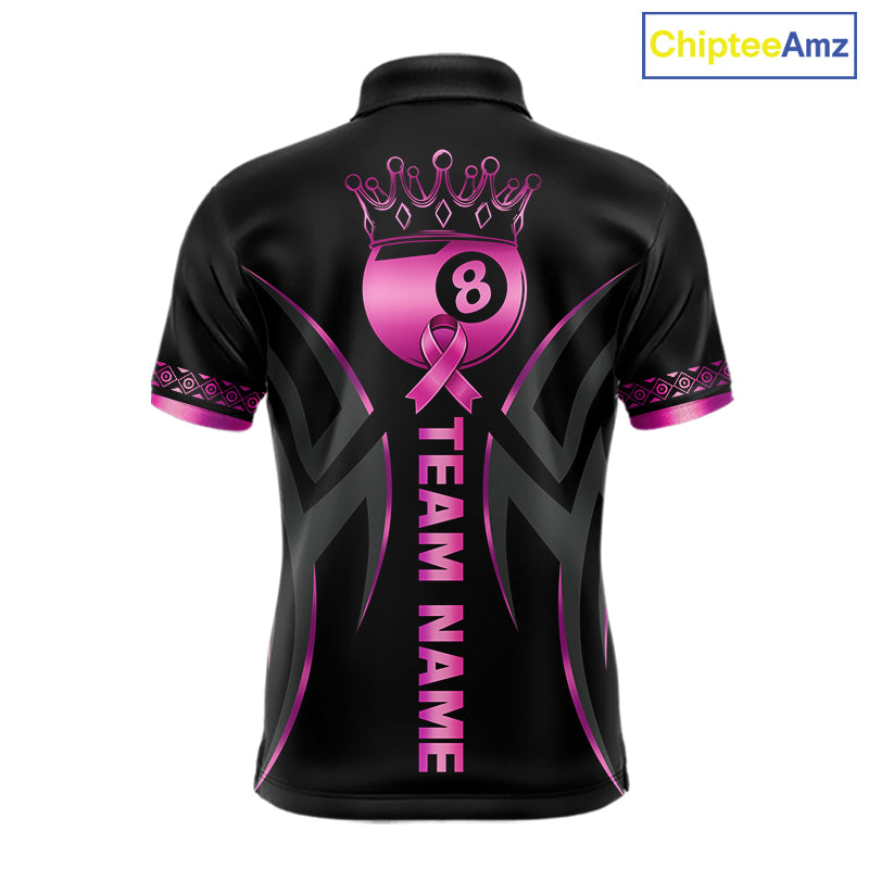 Custom Pink Ribbon Crown 8 Ball Pool Breast Cancer Awareness Polo Shirt Designed for Personalized Billiard Team Jerseys with Premium Athletic Performance and Inspirational Graphics