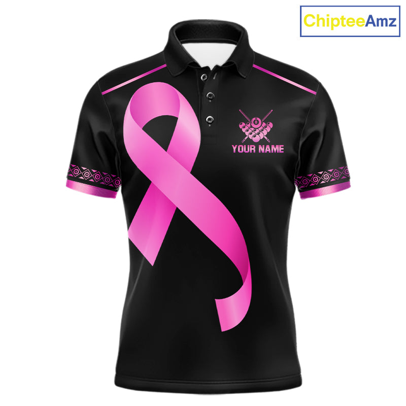 Pink Ribbon Crown 8 Ball Pool Breast Cancer Awareness Billiard Polo Shirt Featuring Elegant Crown and Pink Ribbon Artwork for Pool League Players, Team Competition, and Awareness Events