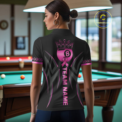 Woman Wearing Pink Ribbon Crown 8 Ball Custom Breast Cancer Awareness Billiard Team Jersey Featuring the Complete Rear Graphic Design, Back View