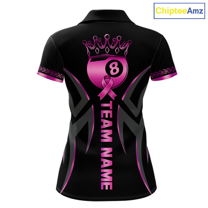 Custom Pink Ribbon Crown 8 Ball Pool Breast Cancer Awareness Polo Shirt Designed for Personalized Billiard Team Jerseys with Premium Athletic Performance and Inspirational Graphics