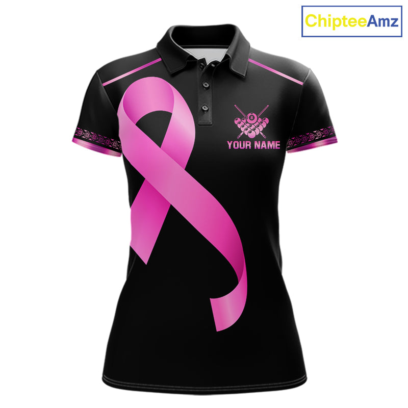 Pink Ribbon Crown 8 Ball Pool Breast Cancer Awareness Billiard Polo Shirt Featuring Elegant Crown and Pink Ribbon Artwork for Pool League Players, Team Competition, and Awareness Events