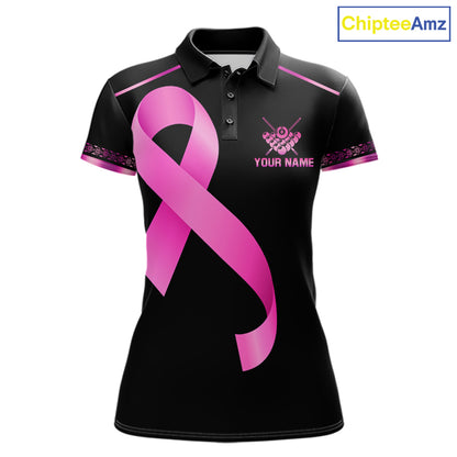 Pink Ribbon Crown 8 Ball Pool Breast Cancer Awareness Billiard Polo Shirt Featuring Elegant Crown and Pink Ribbon Artwork for Pool League Players, Team Competition, and Awareness Events