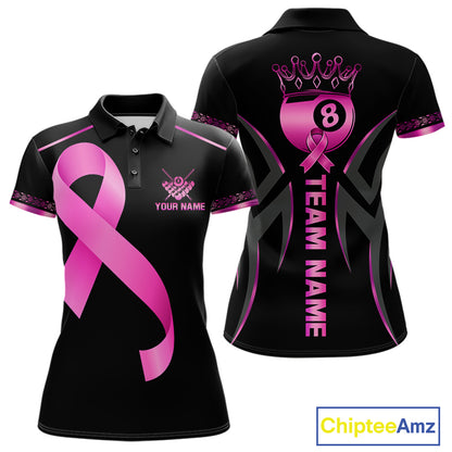 Pink Ribbon Crown 8 Ball Pool Breast Cancer Awareness Billiard Polo Shirt Featuring Elegant Crown and Pink Ribbon Artwork for Pool League Players, Team Competition, and Awareness Events