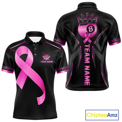 Pink Ribbon Crown 8 Ball Pool Breast Cancer Awareness Billiard Polo Shirt Featuring Elegant Crown and Pink Ribbon Artwork for Pool League Players, Team Competition, and Awareness Events
