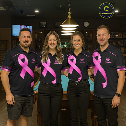 Pool Team Wearing Pink Ribbon Crown 8 Ball Breast Cancer Awareness Billiard Jerseys During League Competition and Awareness Events, Front View
