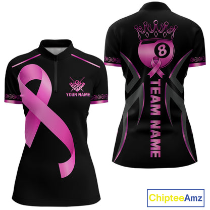 Pink Ribbon Crown 8 Ball Breast Cancer Awareness Quarter Zip Billiard Shirt Created for Pool League Teams with Performance Fabric and Tournament Ready Team Design