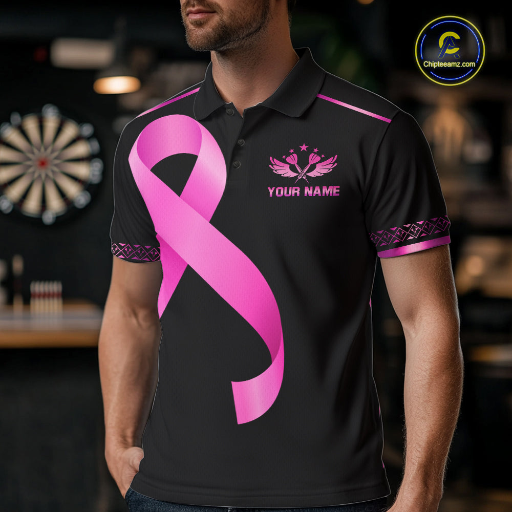 Man Wearing Personalized Pink Ribbon Crown Dartboard Breast Cancer Awareness Darts Polo Shirt with Athletic Performance Fit and Meaningful Awareness Graphic, Front View